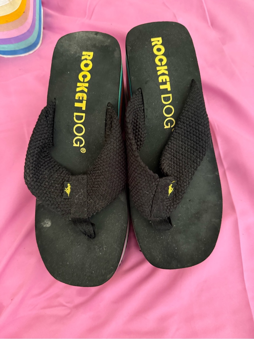 Rocket Dog Black Flip Flops with Yellow Logo